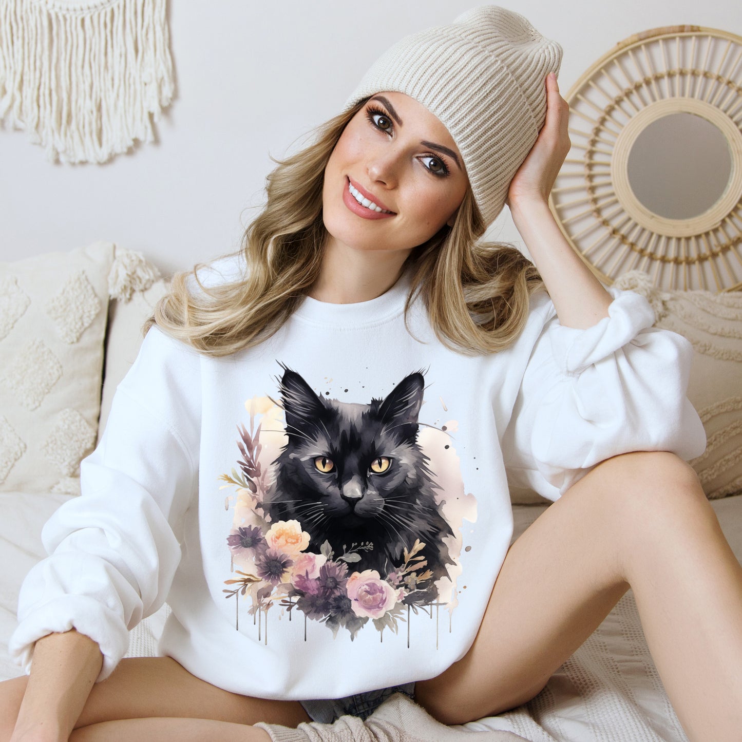 Sudadera Boho de Halloween con cara de gato negro "Moonlit Magic" - Unisex