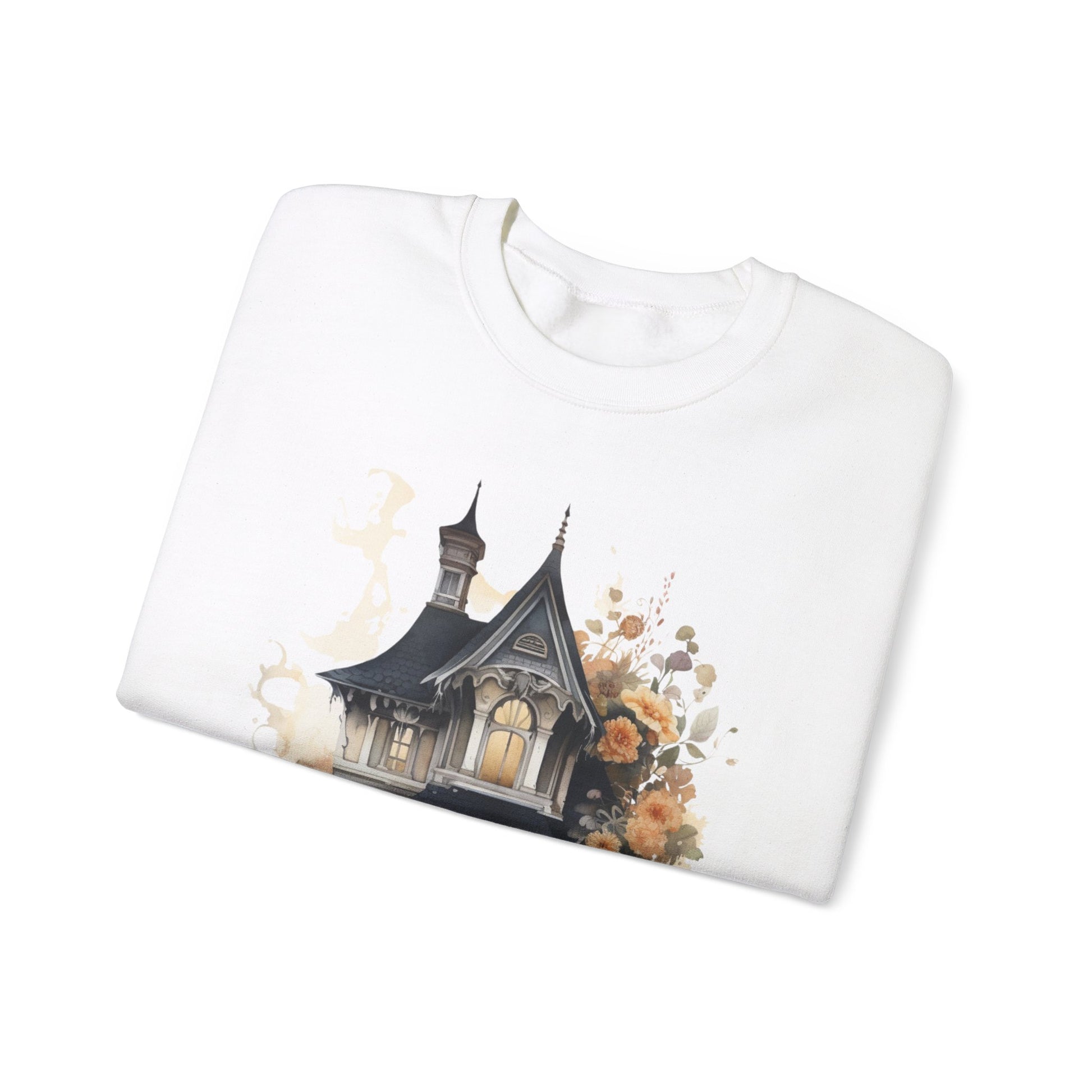 Halloween Boho Sweatshirt for Women featuring a haunted house illustration with boho design elements. Perfect for autumn festivities and casual wear. Gildan 18000 sweatshirt in White. ReadyShirtAim.com