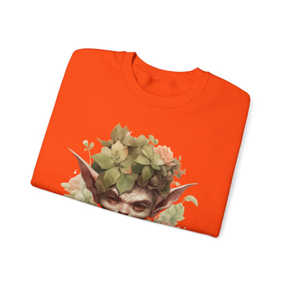 Whimsical Goblin & Floral Boho Halloween Sweatshirt for women. Features a charming goblin surrounded by delicate florals. Perfect for Halloween celebrations. Available in multiple dark and light colors and sizes. Gildan 18000 sweatshirt in Orange. ReadyShirtAim.com