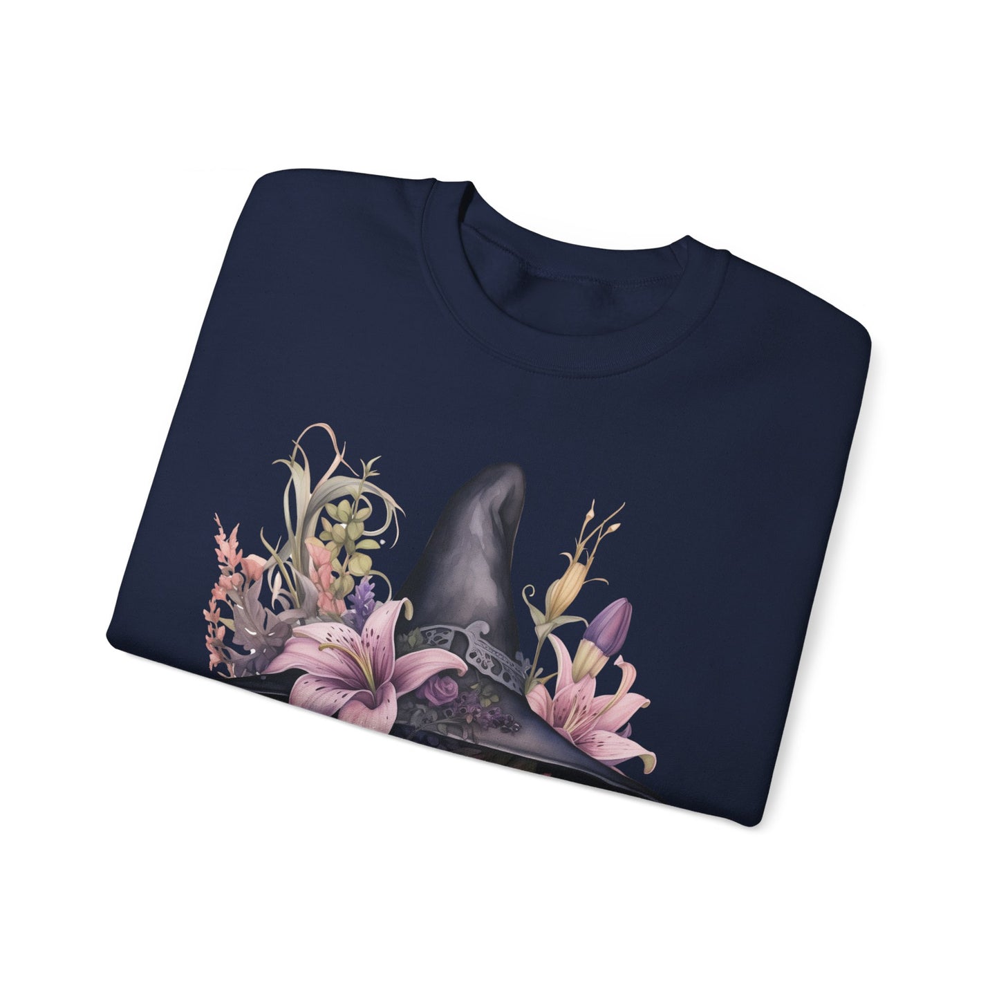 Charming Witch Hat & Flowers Sweatshirt with a watercolor illustration of a black witch hat and flowers in purple, pink, and green. Available in multiple dark and light colors and sizes. Gildan 18000 sweatshirt in Navy. ReadyShirtAim.com