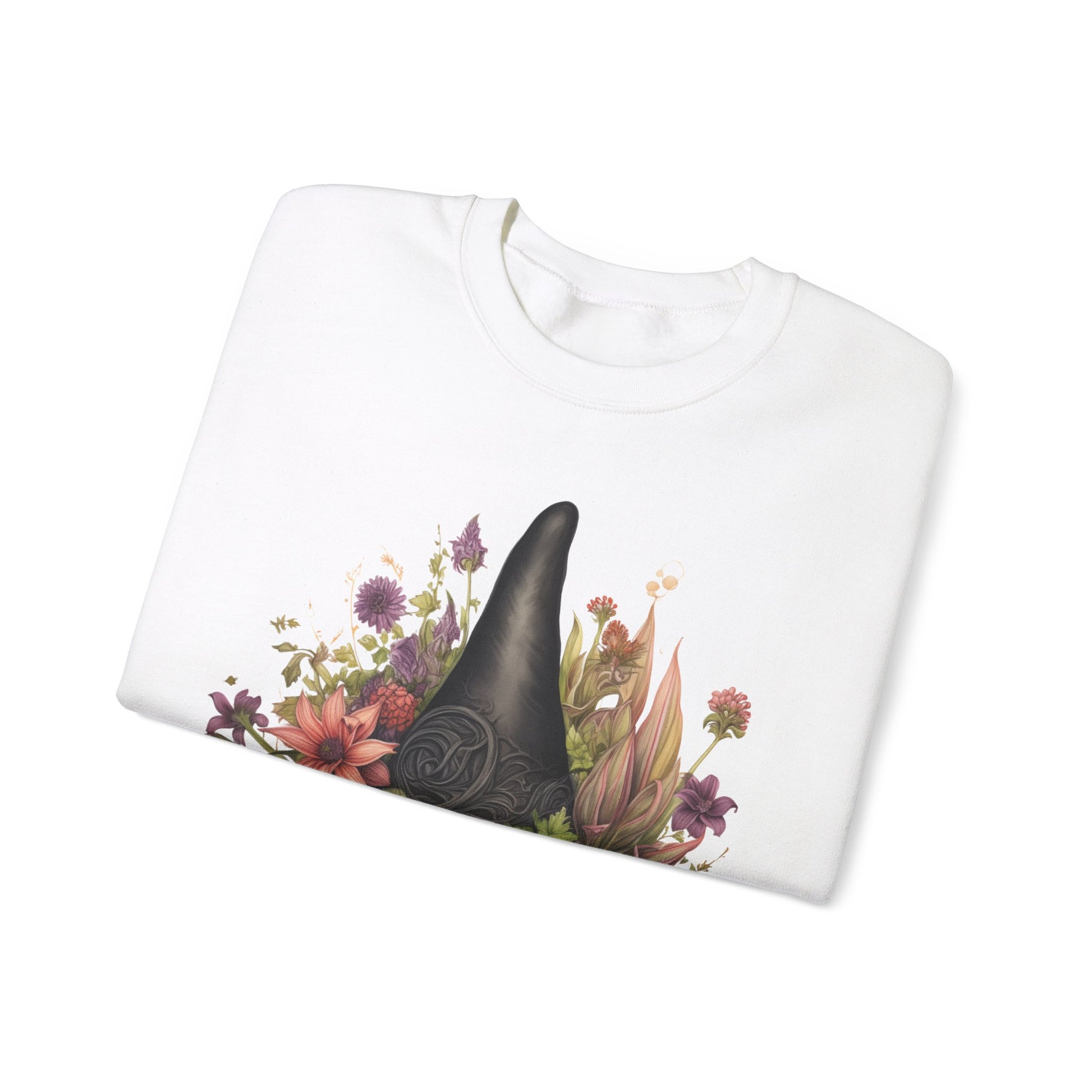 Gothic Boho Witch Hat & Flowers Halloween Sweatshirt for Women with a detailed witch hat and floral illustration. Perfect for Halloween celebrations. Available in multiple dark and light colors and sizes. Gildan 18000 sweatshirt in white. ReadyShirtAim.com