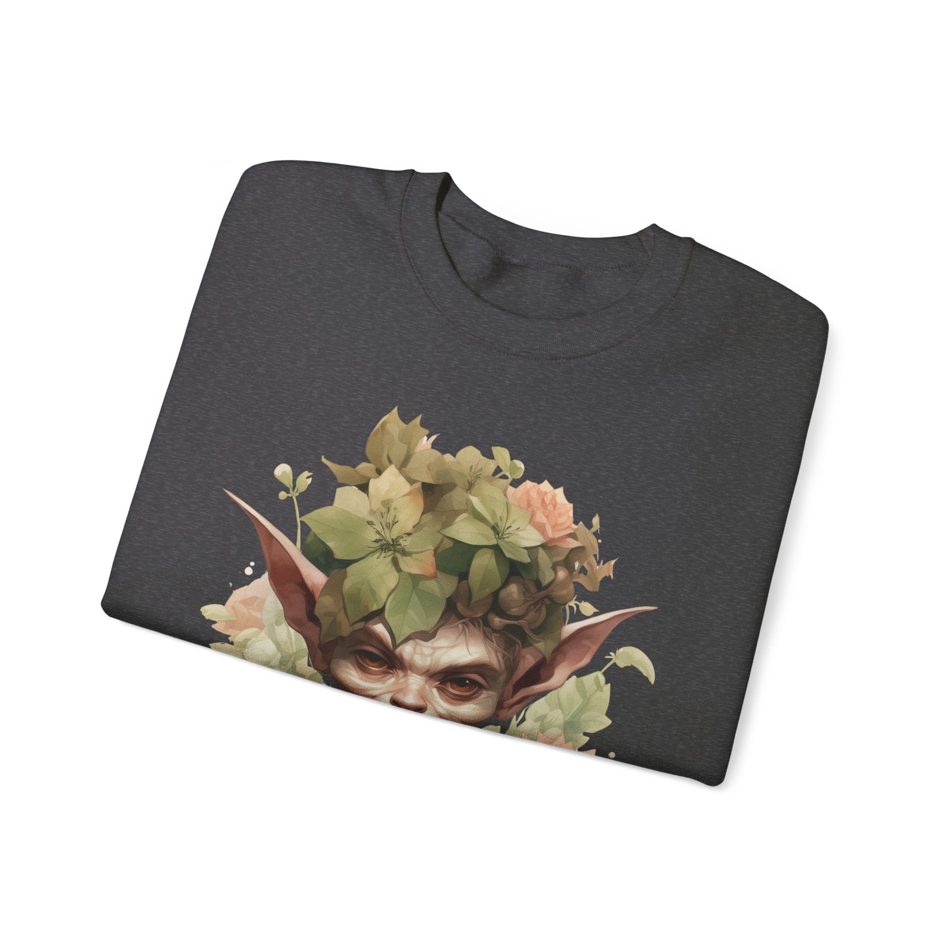 Whimsical Goblin & Floral Boho Halloween Sweatshirt for women. Features a charming goblin surrounded by delicate florals. Perfect for Halloween celebrations. Available in multiple dark and light colors and sizes. Gildan 18000 sweatshirt in Dark Grey Heather. ReadyShirtAim.com