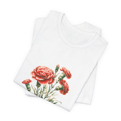 A t-shirt featuring a beautiful carnation for January. Perfect for January birthdays and floral art lovers. Comfortable and stylish for casual outings or celebrations. Bella+Canvas 3001 t-shirt in white. ReadyShirtAim.com