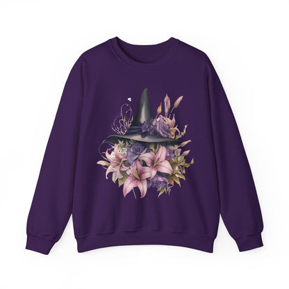 Enchanting Bohemian Witch Hat Sweatshirt with a watercolor illustration of a black witch hat surrounded by flowers in purple, pink, and green tones. Available in multiple dark ang light colors and sizes. Gildan 18000 sweatshirt in Purple. ReadyShirtAim.com