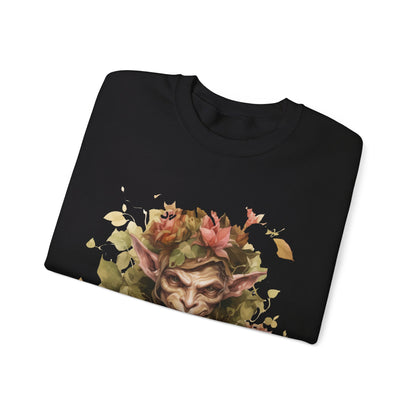 Boho Goblin Magic Halloween Sweatshirt for women. Features a charming goblin surrounded by muted florals. Perfect for Halloween celebrations. Available in multiple dark and light colors and sizes. Gildan 18000 sweatshirt in Black. ReadyShirtAim.com