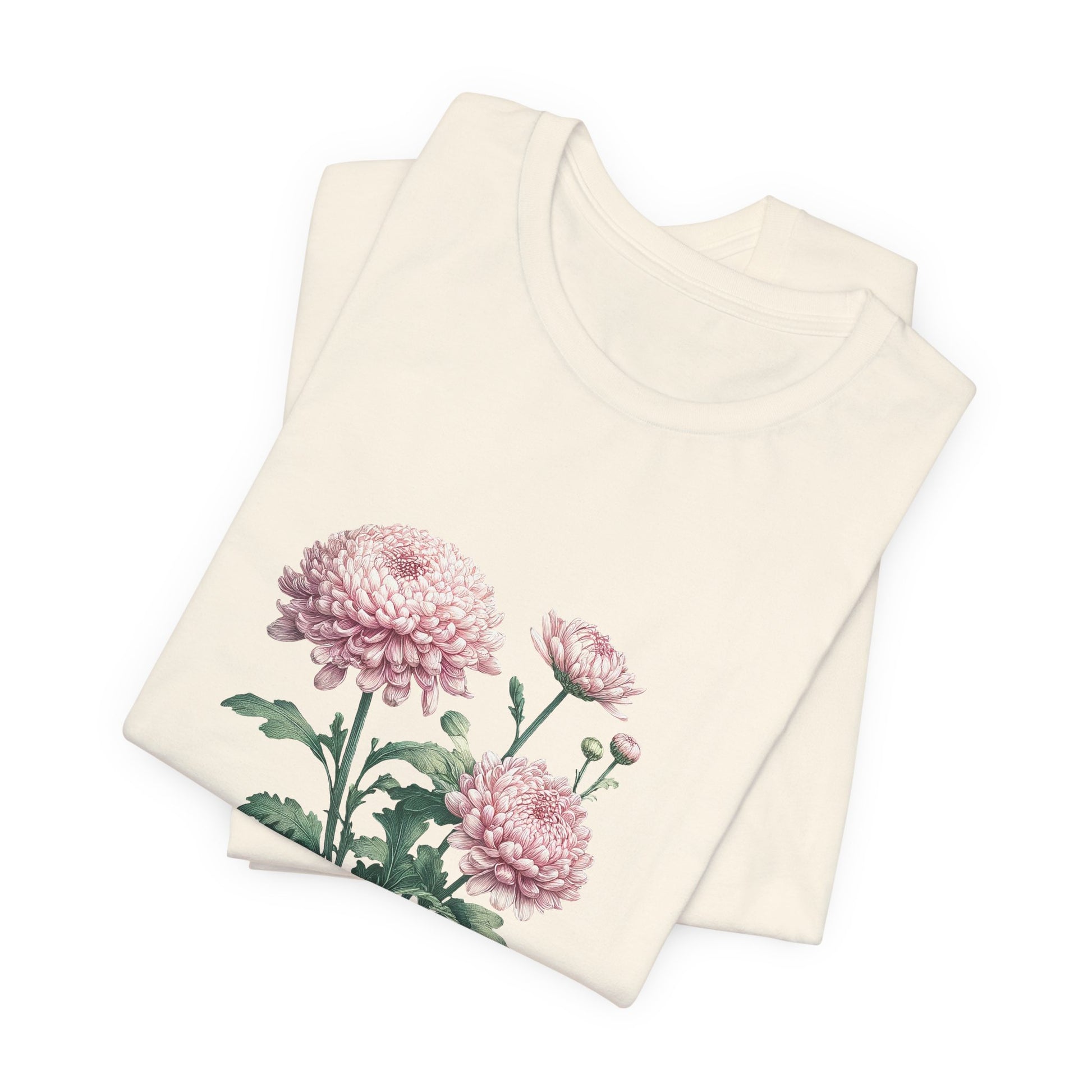 A t-shirt featuring a beautiful chrysanthemum for November. Perfect for November birthdays and floral art lovers. Comfortable and stylish for casual outings or celebrations. Bella+Canvas 3001 t-shirt in natural. ReadyShirtAim.com