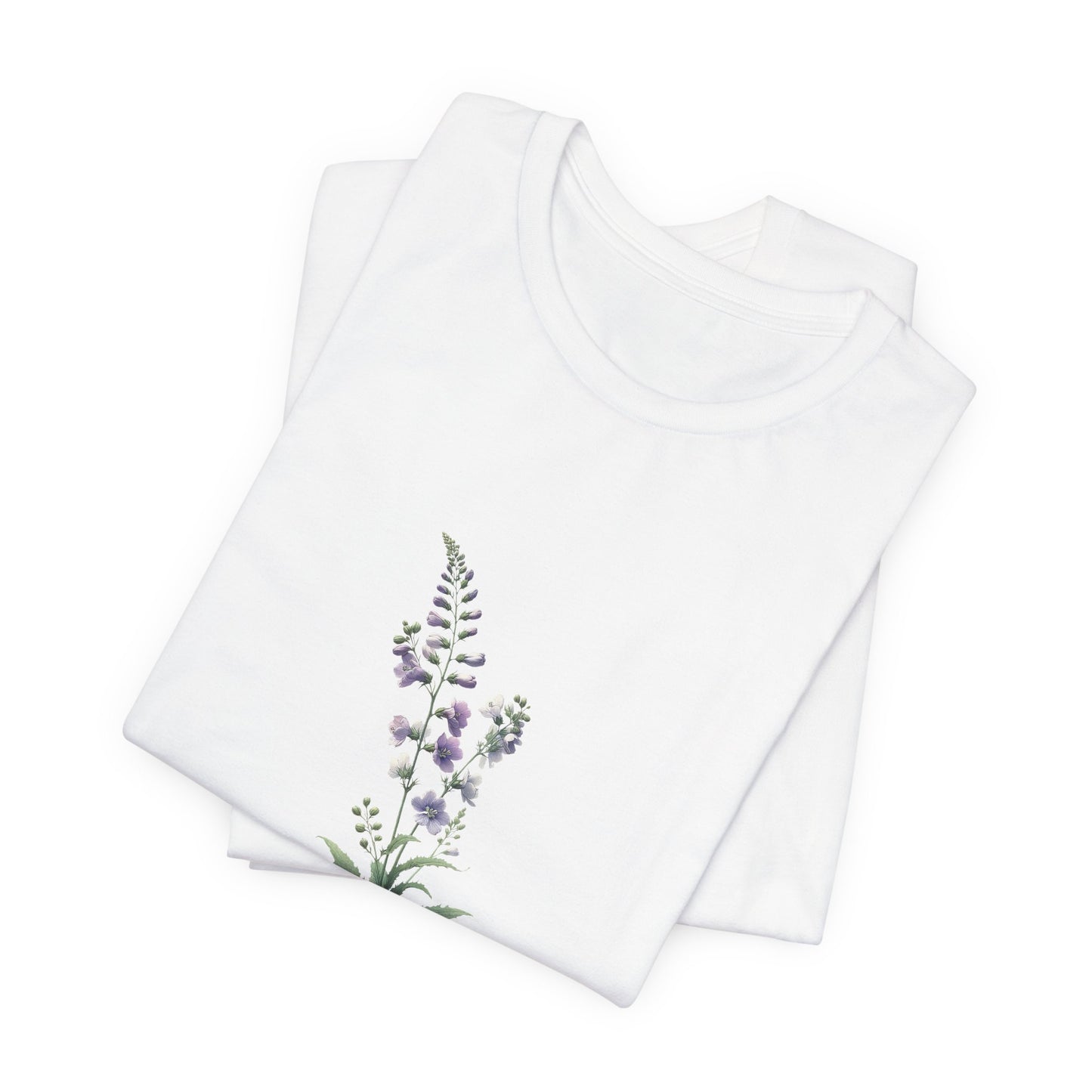 A t-shirt featuring a beautiful larkspur for July. Perfect for July birthdays and floral art lovers. Comfortable and stylish for casual outings or celebrations.Bella+Canvas 3001 t-shirt in white. ReadyShirtAim.com