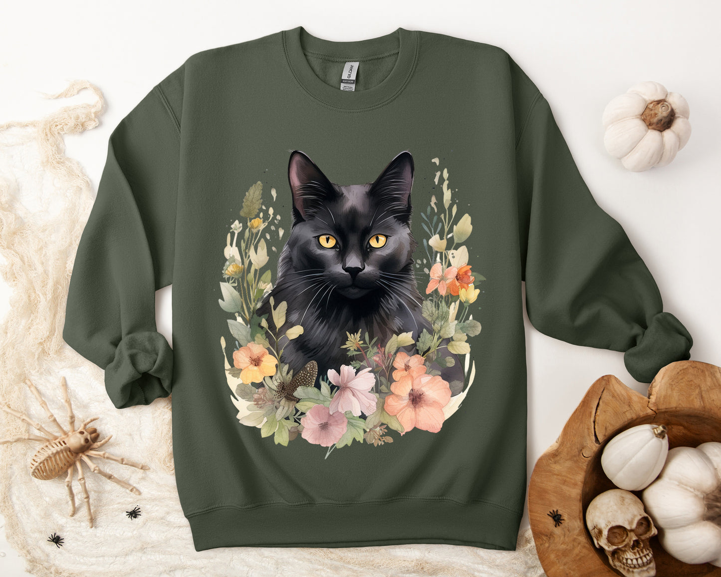 Sudadera Boho de Halloween con cara de gato negro "Autumn Aura" - Unisex