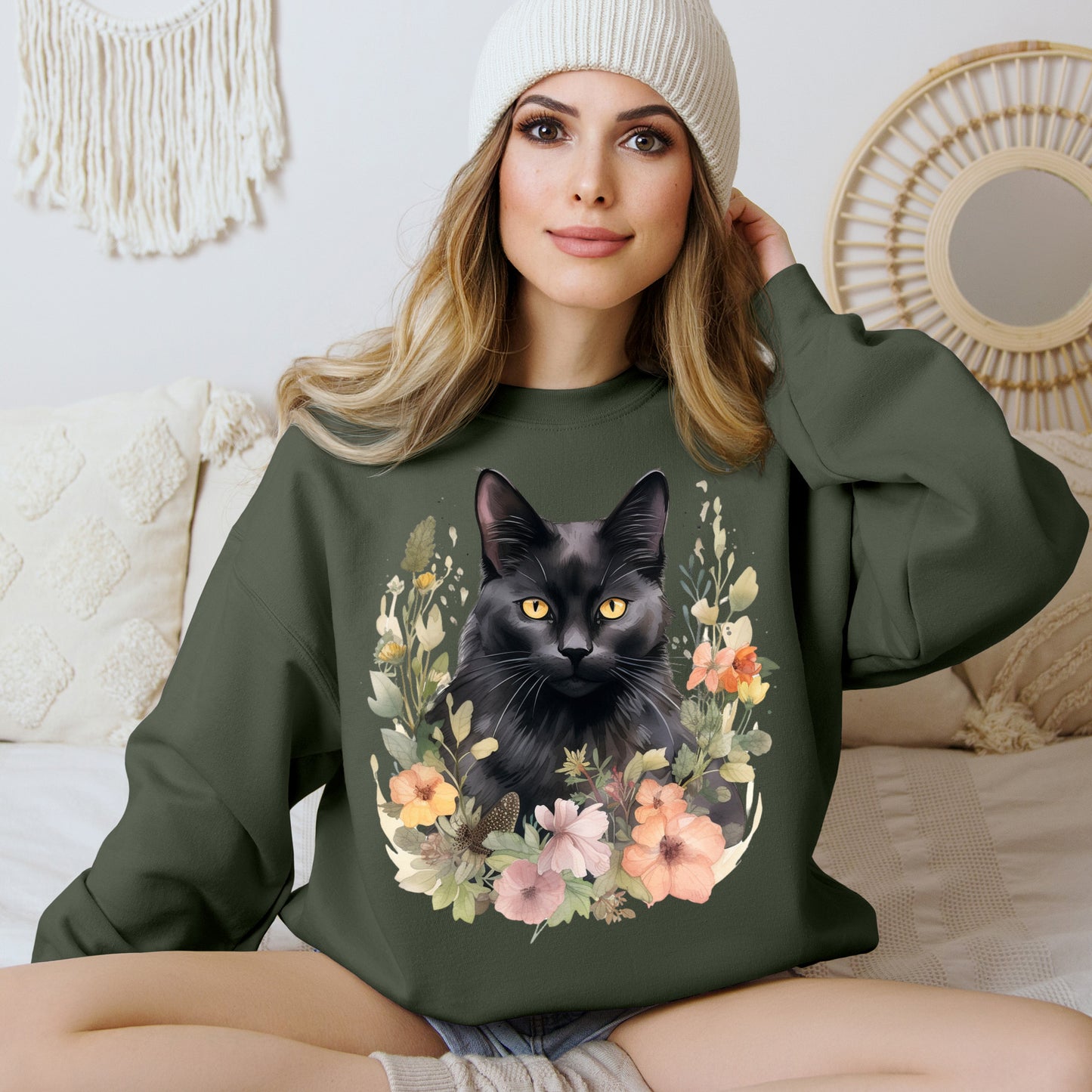 Sudadera Boho de Halloween con cara de gato negro "Autumn Aura" - Unisex