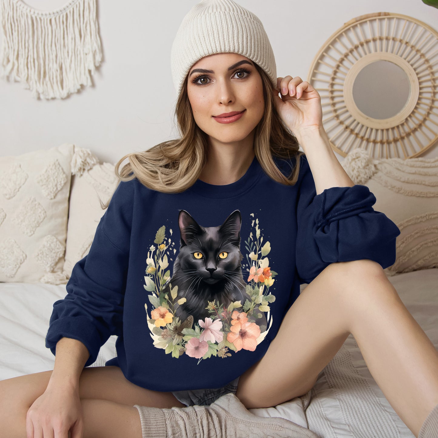 Sudadera Boho de Halloween con cara de gato negro "Autumn Aura" - Unisex