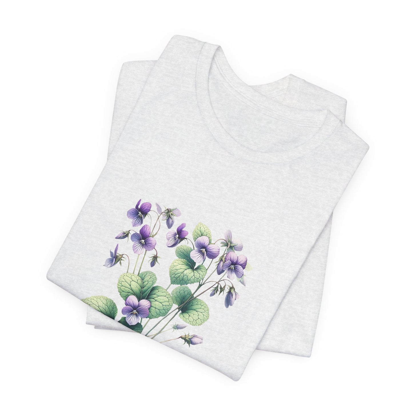 A t-shirt featuring a beautiful violet for February. Perfect for February birthdays and floral art lovers. Comfortable and stylish for casual outings or celebrations. Bella+Canvas 3001 t-shirt in ash. ReadyShirtAim.com