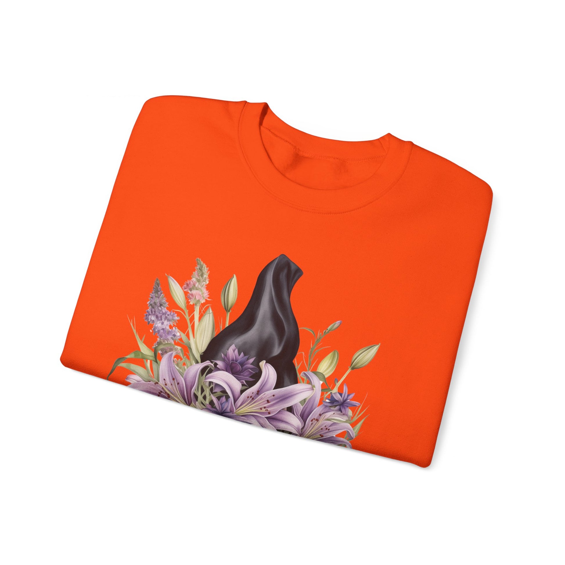 Mystical Floral Witch Hat Sweatshirt featuring a watercolor illustration of a black witch hat with flowers in purple, pink, and green. Available in multiple dark and light colors and sizes. Gildan 18000 sweatshirt in Orange. ReadyShirtAim.com