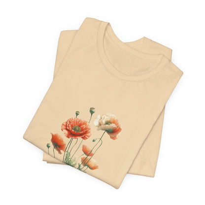 A t-shirt featuring a beautiful poppy for August. Perfect for August birthdays and floral art lovers. Comfortable and stylish for casual outings or celebrations. Bella+Canvas 3001 t-shirt in soft cream. ReadyShirtAim.com