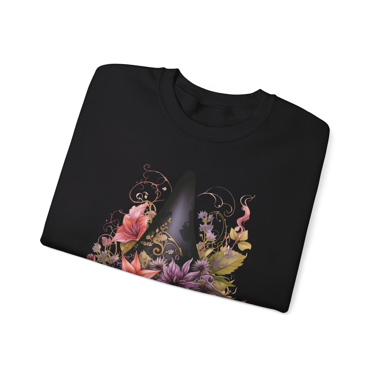 Whimsical Witch Hat Sweatshirt with a watercolor illustration of a black witch hat surrounded by flowers in purple, pink, and green. Available in multiple dark and light colors and sizes. Gildan 18000 sweatshirt in Black. ReadyShirtAim.com