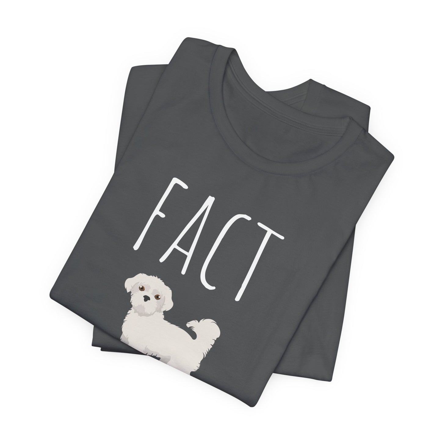 "Fact Checker" Maltese Dog T-Shirt for Unisex with a cute graphic of a Maltese dog and playful "Fact Checker" text underneath. Ideal for dog lovers. Ideal for dog lovers with a sense of humor. Available in multiple colors and sizes. Bella+Canvas 3001 t-shirt in asphalt. ReadyShirtAim.com