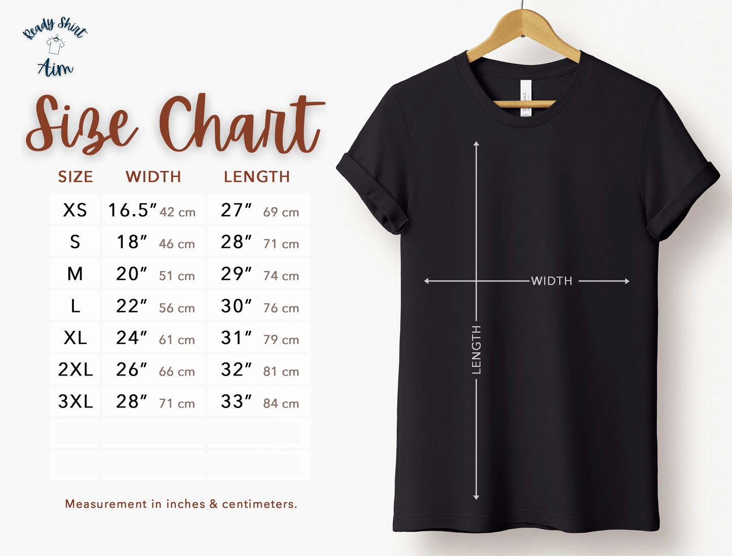 Bella+Canvas 3001 size chart - measured in inches and centimeters. ReadyShirtAim.com