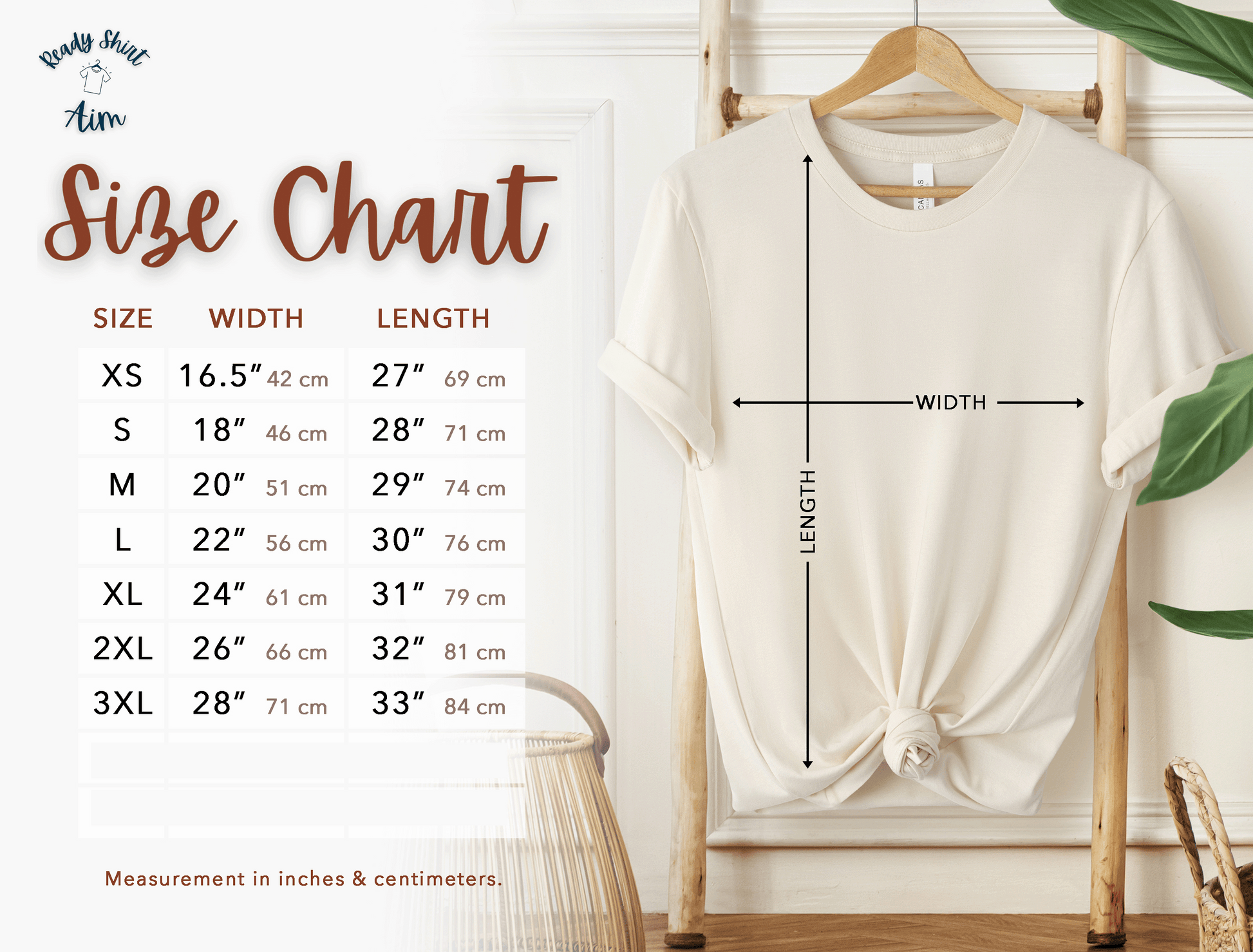 Bella+Canvas 3001 size chart - measured in inches and centimeters. ReadyShirtAim.com