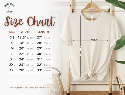 Bella+Canvas 3001 size chart - measured in inches and centimeters. ReadyShirtAim.com