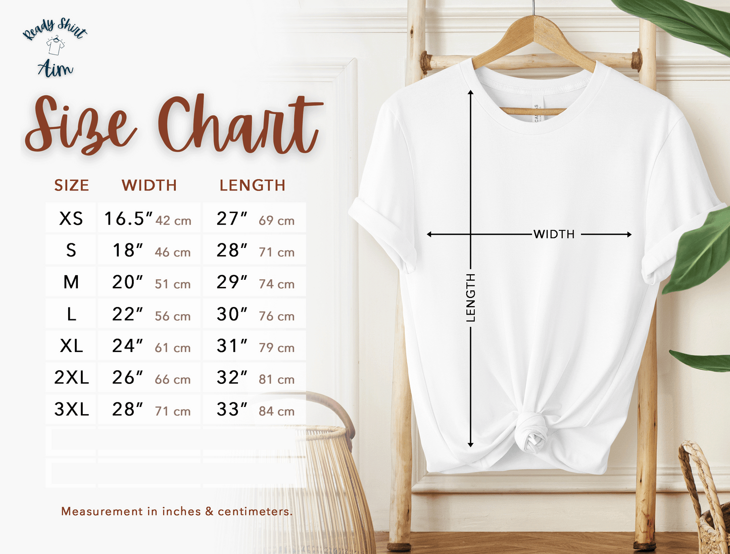 Bella+Canvas 3001 size chart - measured in inches and centimeters. ReadyShirtAim.com