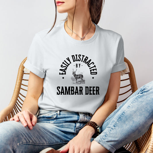 A t-shirt featuring a hand-drawn sketch of a sambar deer, perfect for wildlife enthusiasts, nature lovers, and outdoor adventurers. Comfortable and stylish for casual outings or wildlife watching. Bella+Canvas 3001 t-shirt in silver. ReadyShirtAim.com