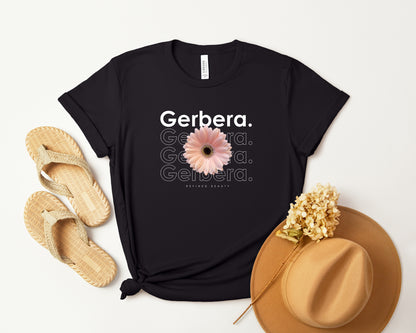 A photo-realistic pale peach gerbera t-shirt with a bold contemporary floral design and the caption "Refined Beauty." Perfect for gerbera lovers, botanical enthusiasts, and nature lovers. Bella+Canvas 3001 t-shirt in black. ReadyShirtAim.com