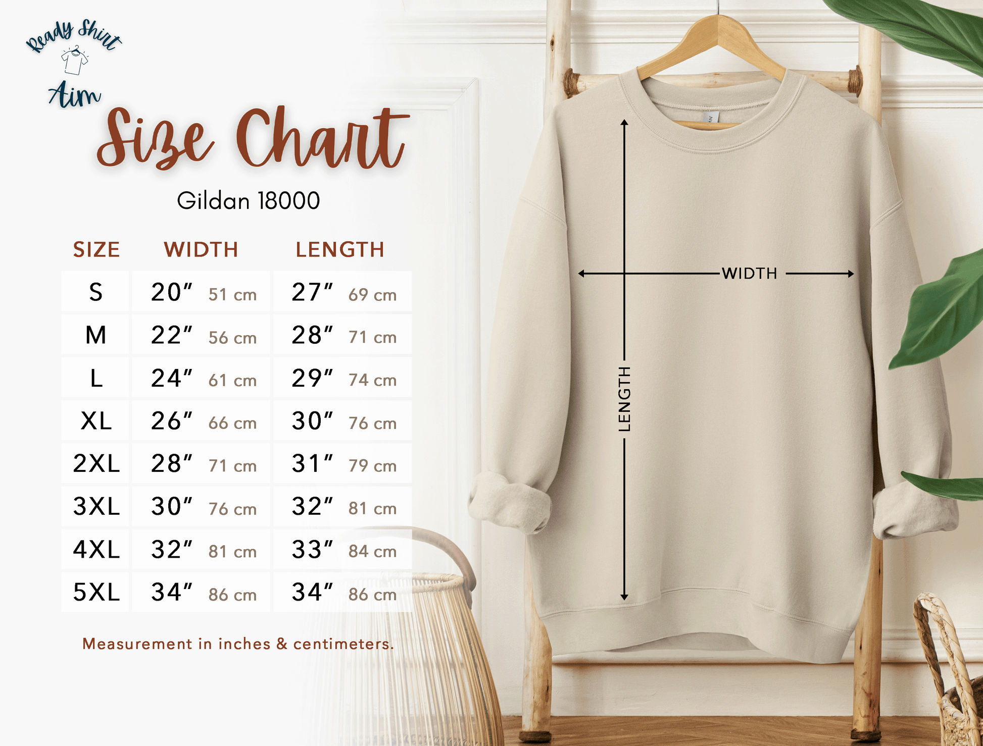 Gildan 18000 size chart - measured in inches and centimeters. ReadyShirtAim.com