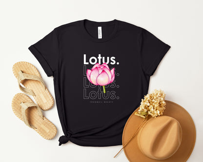 A watercolor lotus t-shirt with a bold contemporary floral design and the caption "Tranquil Beauty." Perfect for lotus lovers, botanical enthusiasts, and those seeking tranquility. Bella+Canvas 3001 t-shirt in black. ReadyShirtAim.com