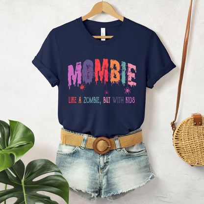 "Mombie" Zombie Halloween Women's T-Shirt featuring a bright and colorful design of a zombie mom with the phrase "Mombie, like a zombie but with kids," perfect for adding a humorous touch to your Halloween festivities. Available in various colors.  Available in multiple colors and sizes.  Bella+Canvas 3001 t-shirt in navy. ReadyShirtAim.com