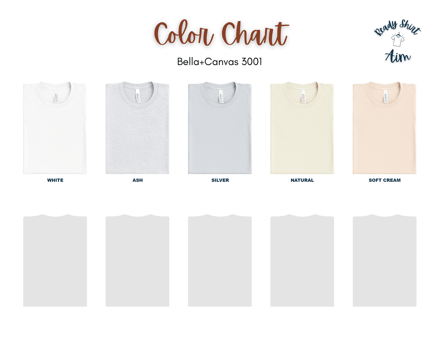 Bella+Canvas 3001 t-shirt color chart, 5 colors available - white, ash, silver, natural and soft cream. ReadyShirtAim.com 