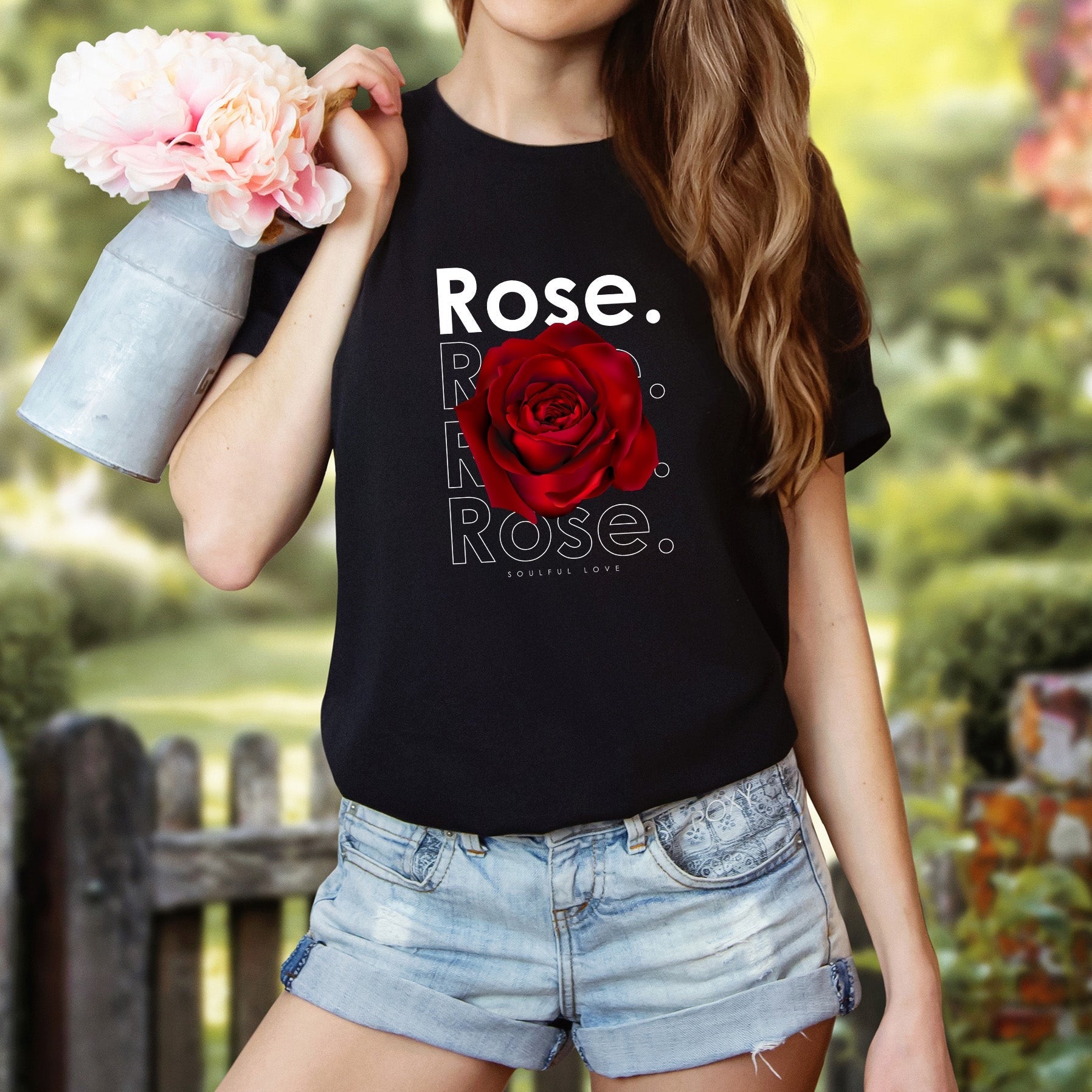 A t-shirt featuring a stunning deep red rose with the theme 'Soulful Love.' Perfect for those who adore bold floral art and nature. Comfortable and stylish for casual outings or celebrations. Bella+Canvas 3001 t-shirt in black. ReadyShirtAim.com