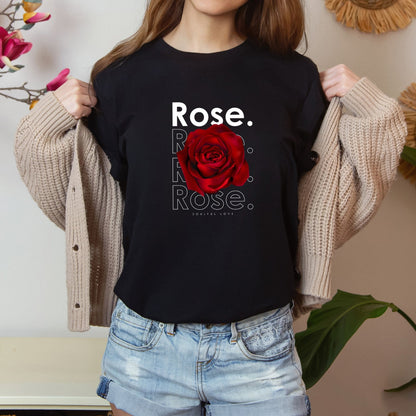 A t-shirt featuring a stunning deep red rose with the theme 'Soulful Love.' Perfect for those who adore bold floral art and nature. Comfortable and stylish for casual outings or celebrations. Bella+Canvas 3001 t-shirt in black. ReadyShirtAim.com