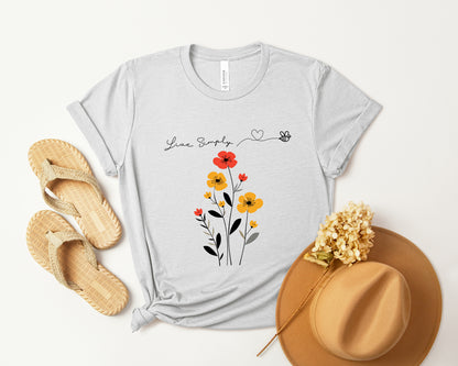 A Boho Scandinavian floral t-shirt with a simple flower design and the caption "Live Simply." Perfect for minimalist souls, garden lovers, and nature enthusiasts. Bella+Canvas 3001 t-shirt in ash. ReadyShirtAim.com